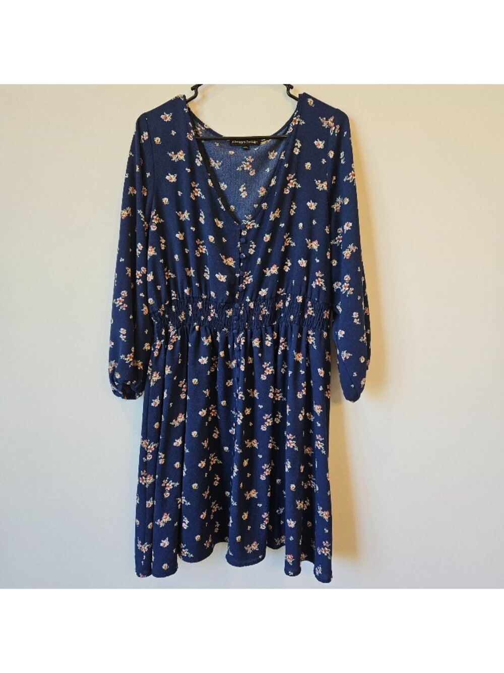 Always Indigo Navy Floral Long Sleeve Button-Down Dress 2X Whimsey print